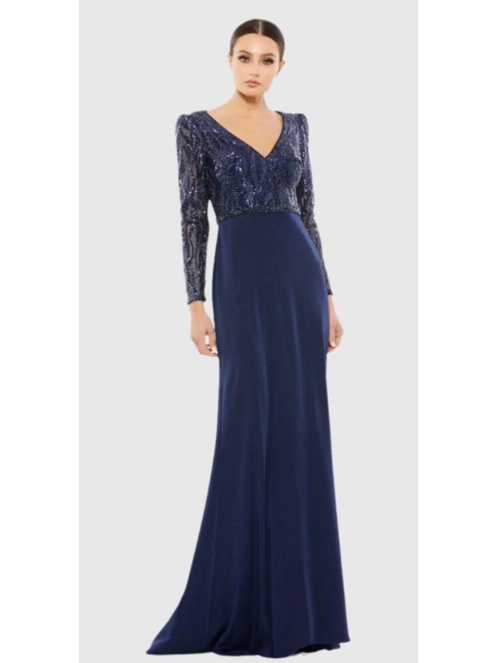Mac Duggal Navy Embellished Long Sleeve Column Gown Dress Size 16